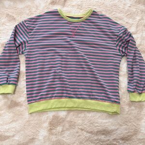 Pink and Blue Striped Sweatshirt with Neon Green Trim - Women’s size Large